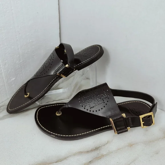 EUC Tory Burch Black Perforated Leather Logo Thong Sandals, Sz 7 - Picture 5 of 9